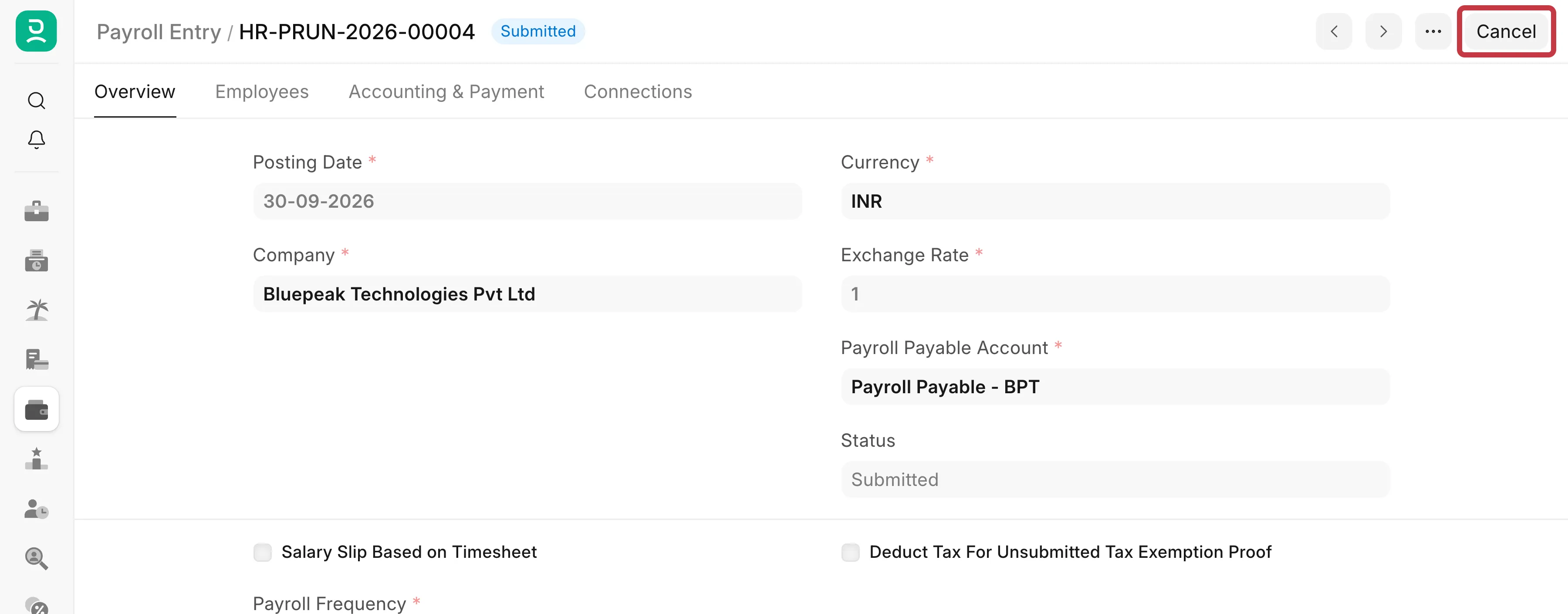 Cancel button on a submitted Payroll Entry