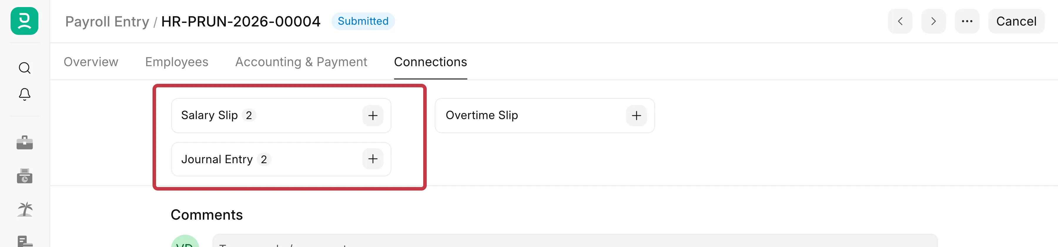 Connections tab of the Payroll Entry