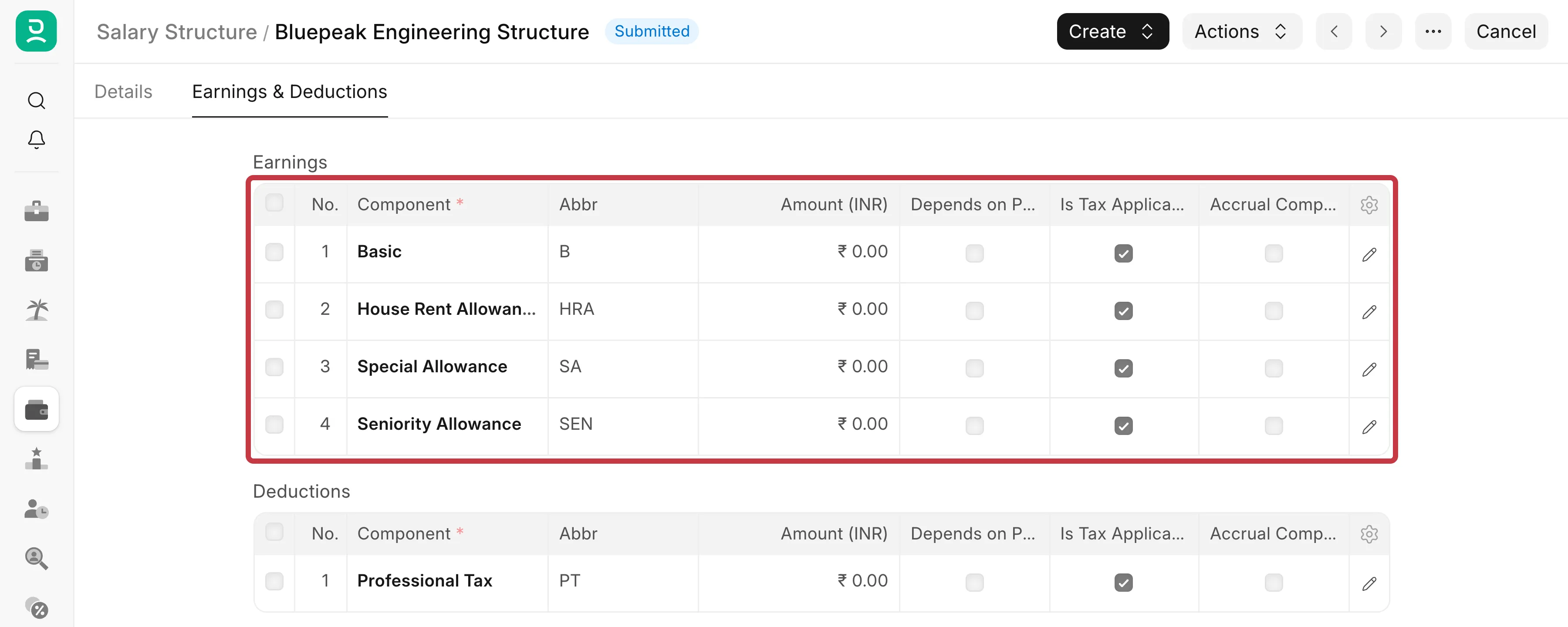 Earnings table of the salary structure, with Basic first
