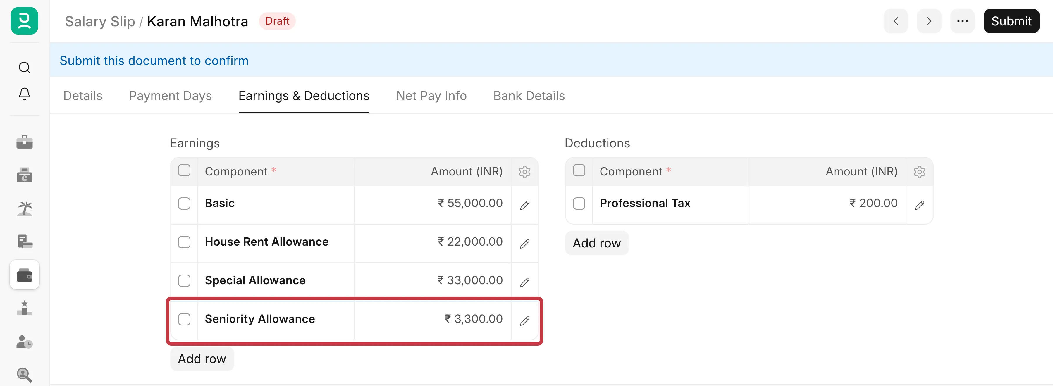 Seniority Allowance of ₹3,300 on the salary slip