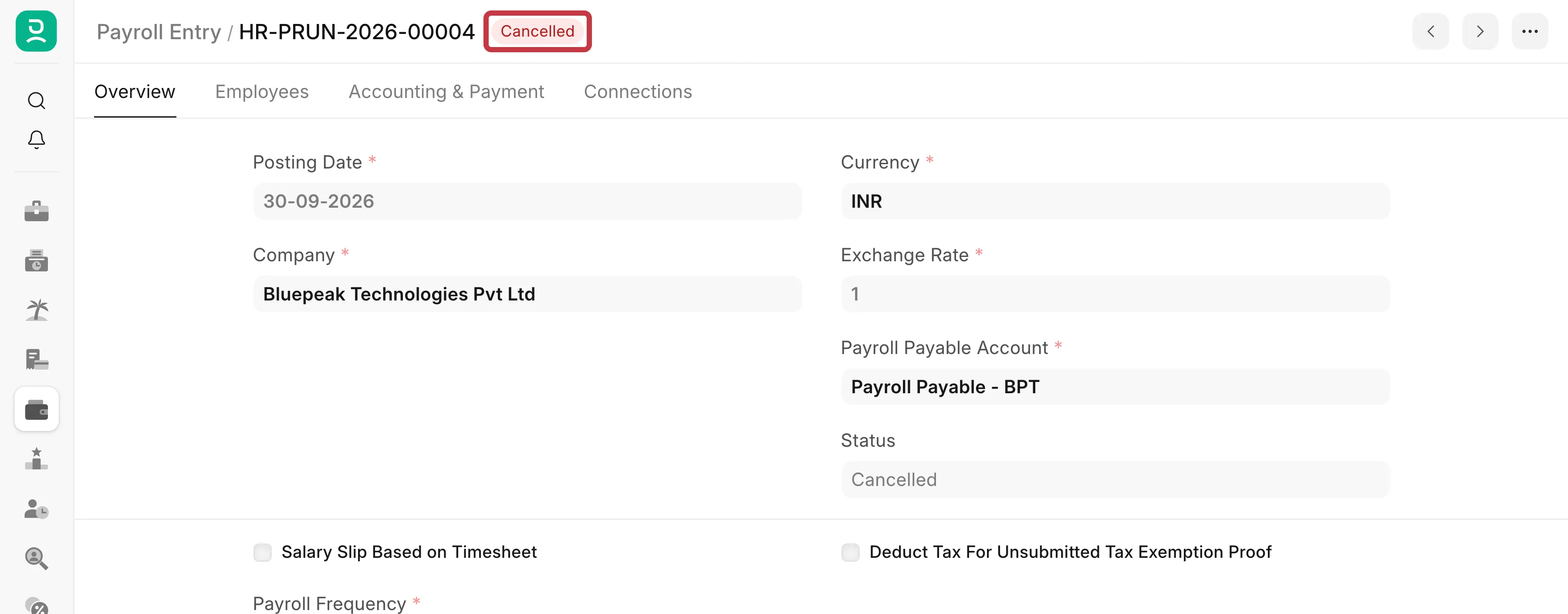 Payroll Entry with the status Cancelled