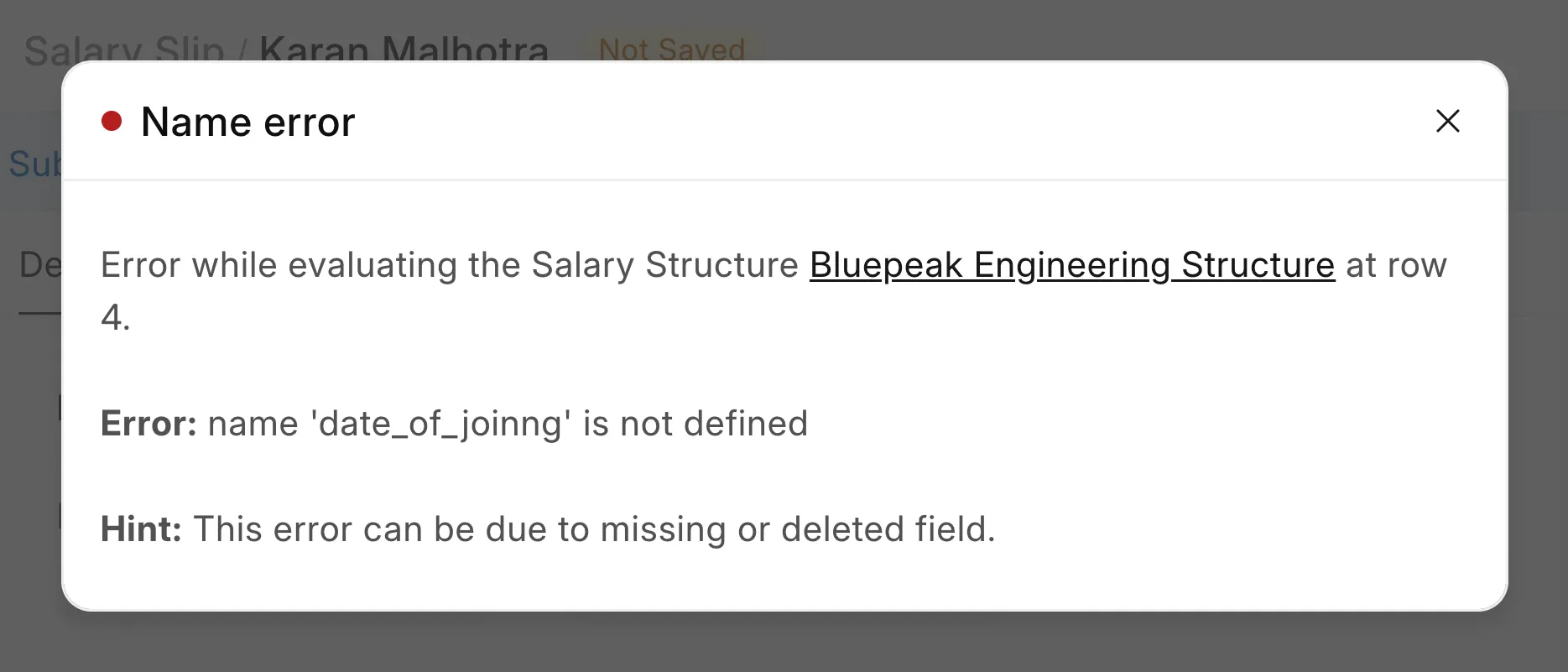 Name error when a formula uses a wrong field name