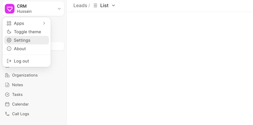 Settings from Sidebar