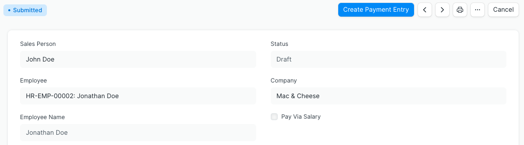 Payment Entry Button