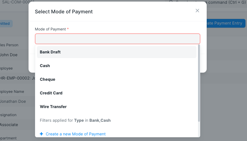 Mode of Payment modal