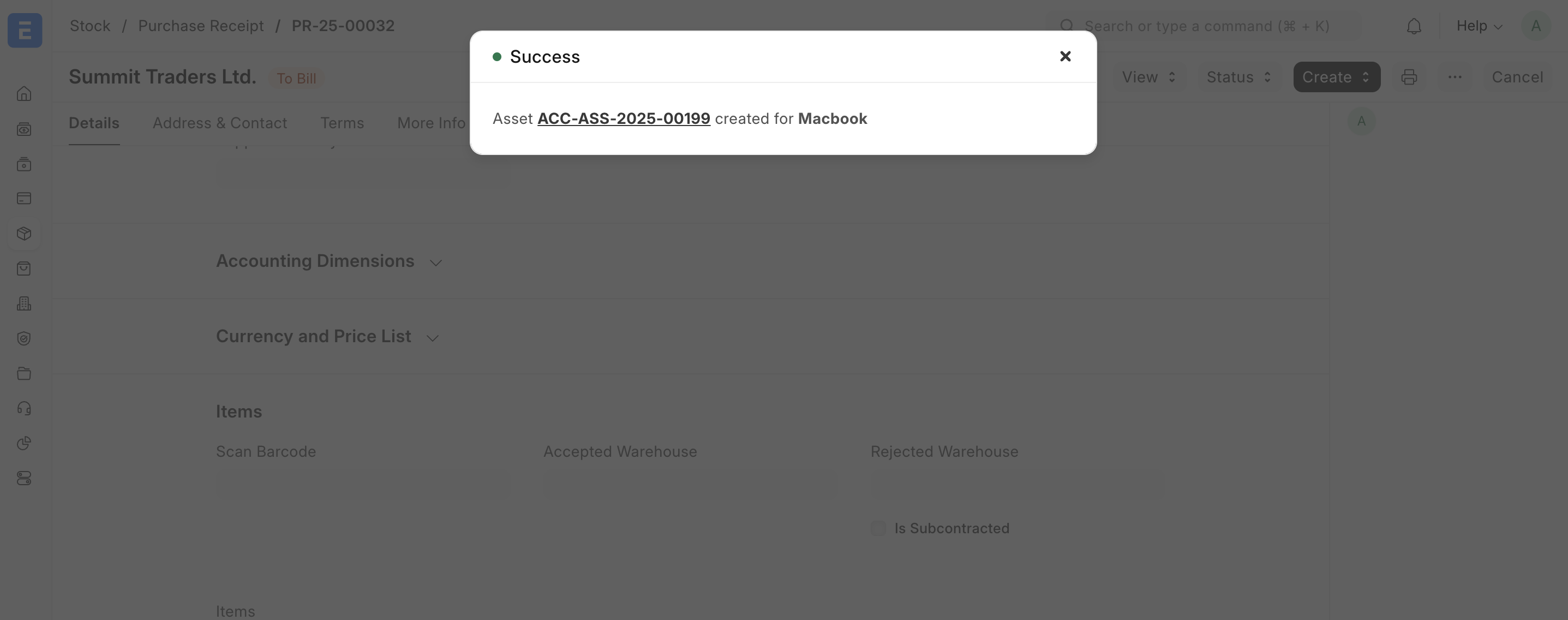 Auto create asset on purchase