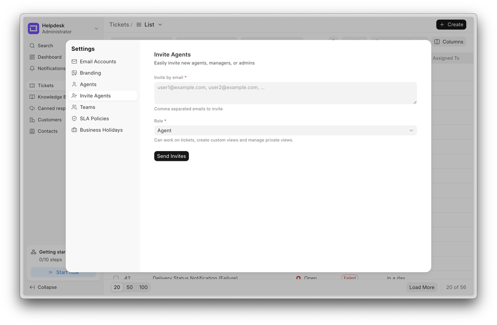 invite agents tab in the settings modal