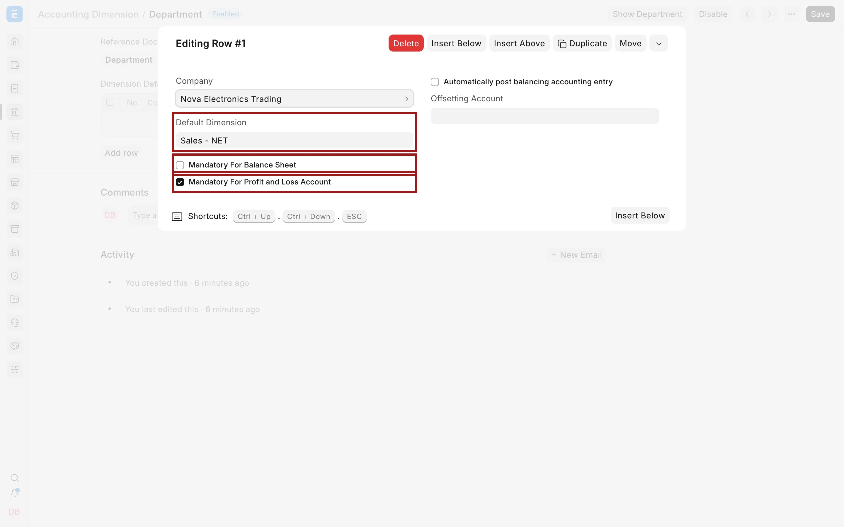 Department default and mandatory Profit and Loss setting in the child-row editor