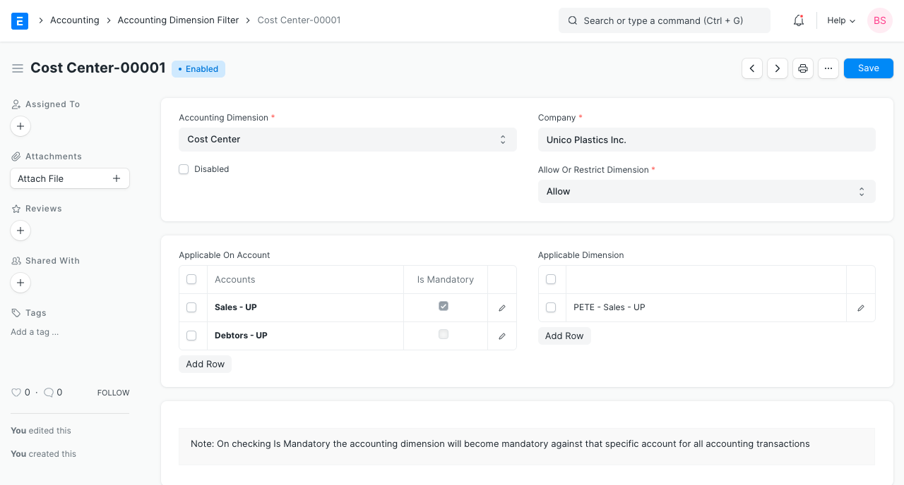 Create accounting dimension filter