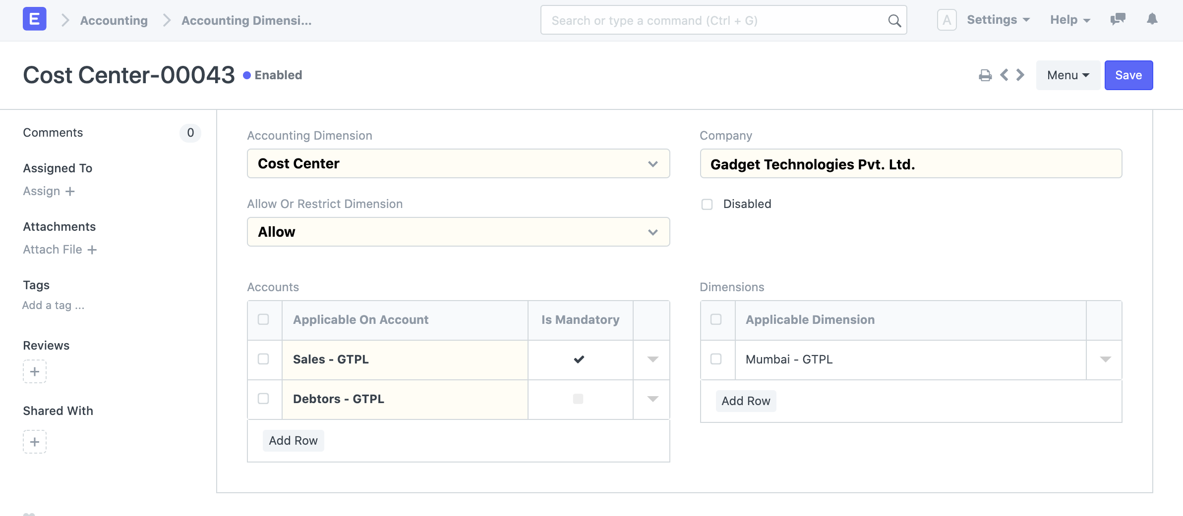 Create accounting dimension filter