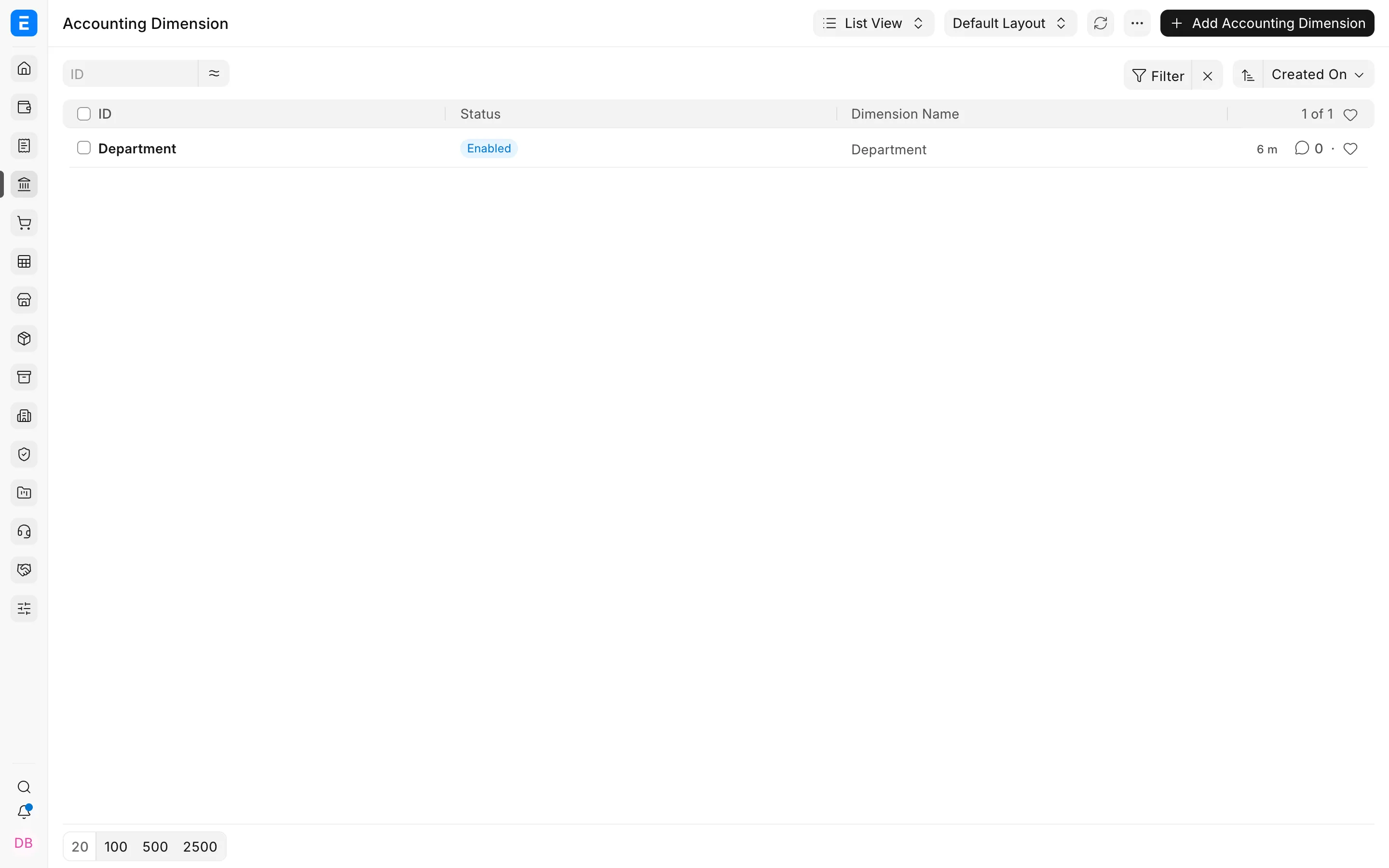 Accounting Dimension list showing the Department dimension in ERPNext