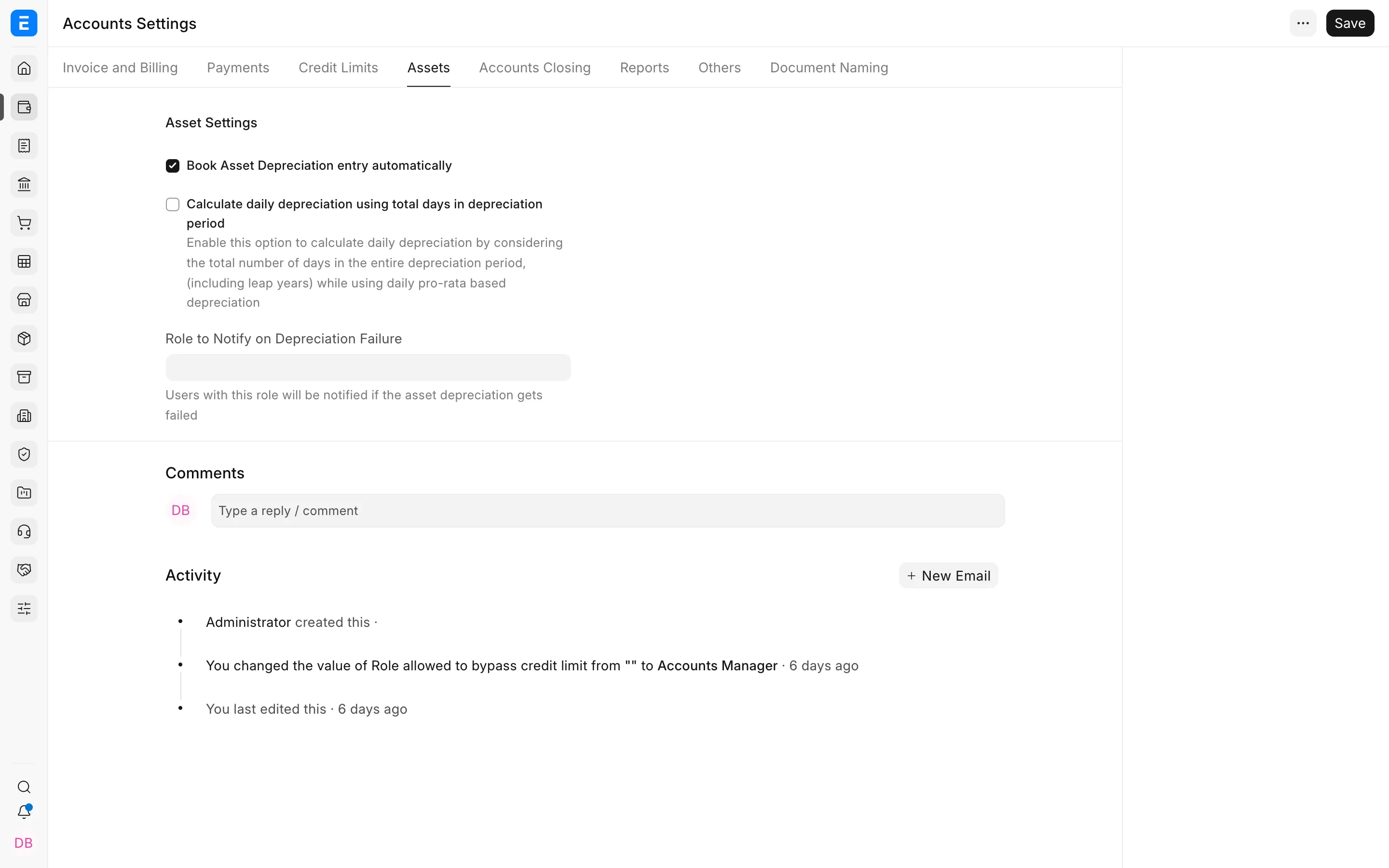 Asset accounting settings