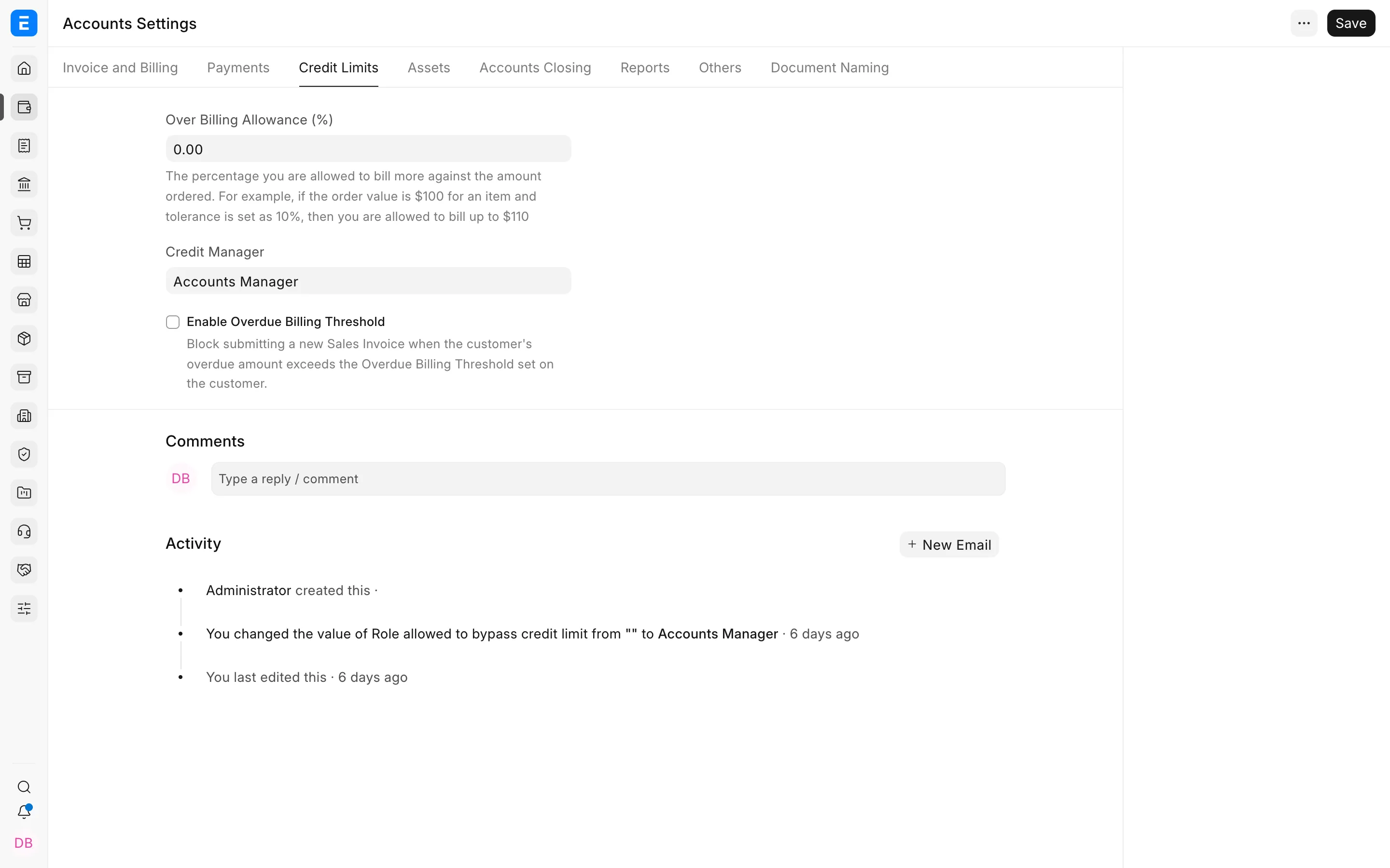 Credit limit and overbilling settings