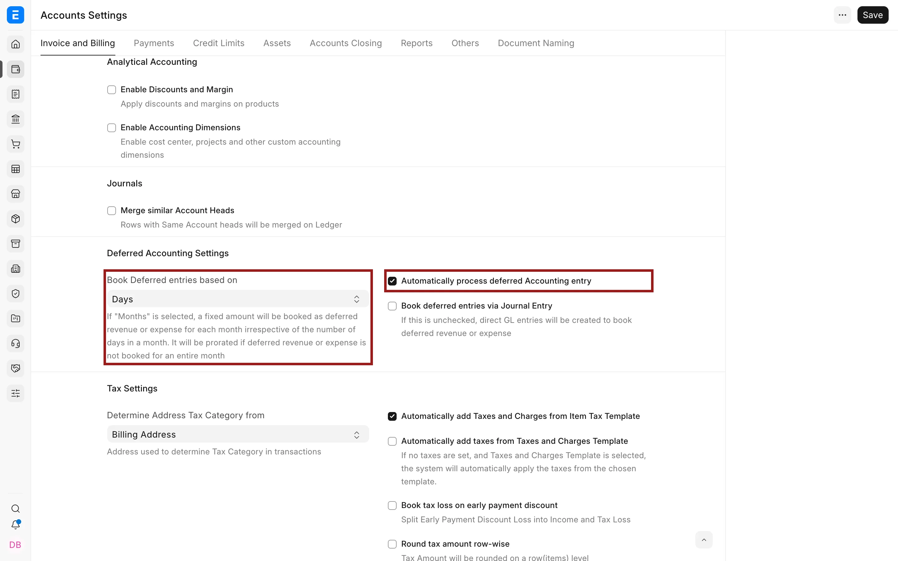 Deferred accounting settings