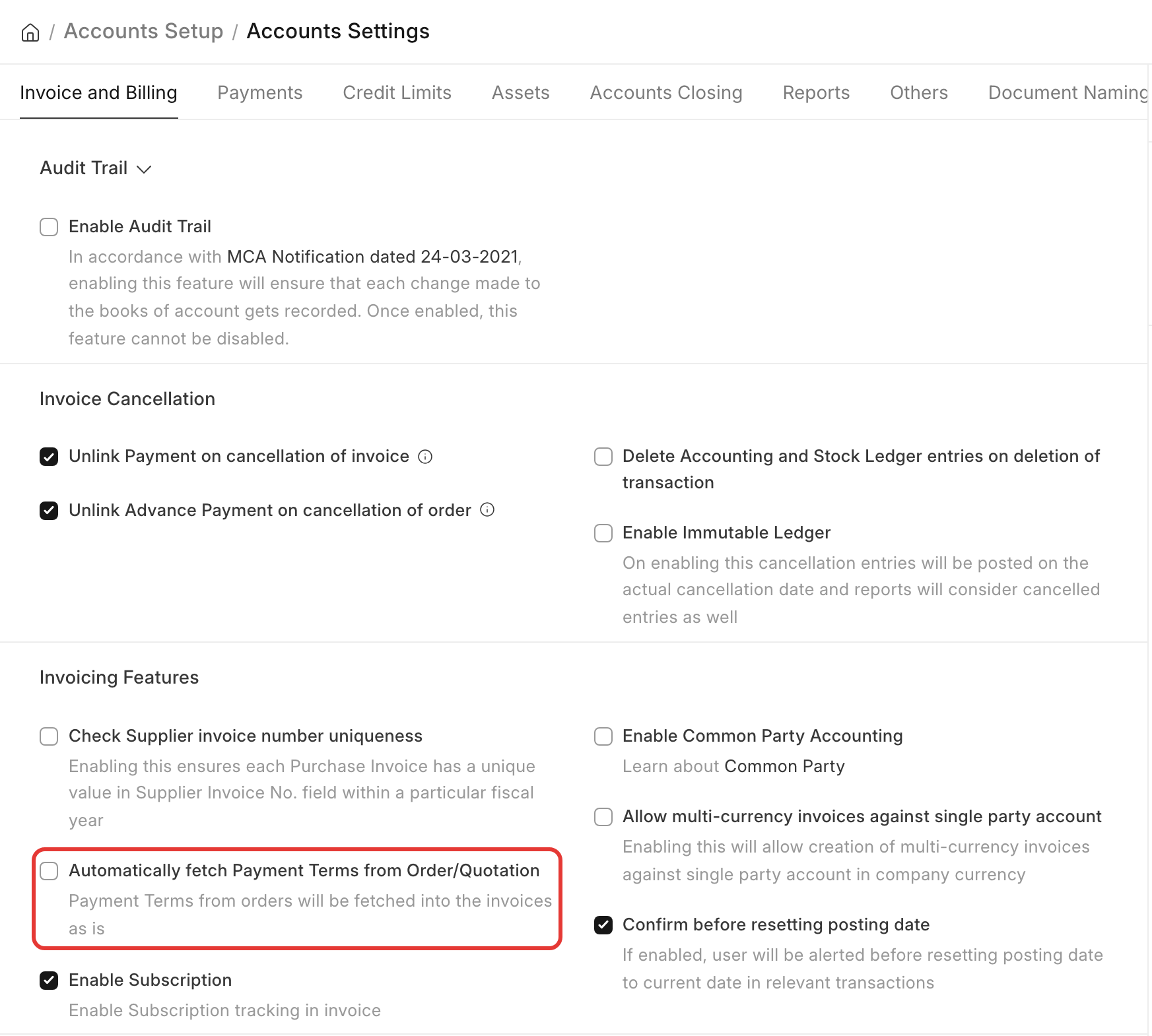 Accounts Settings, Invoice and Billing tab: Automatically fetch Payment Terms from Order/Quotation