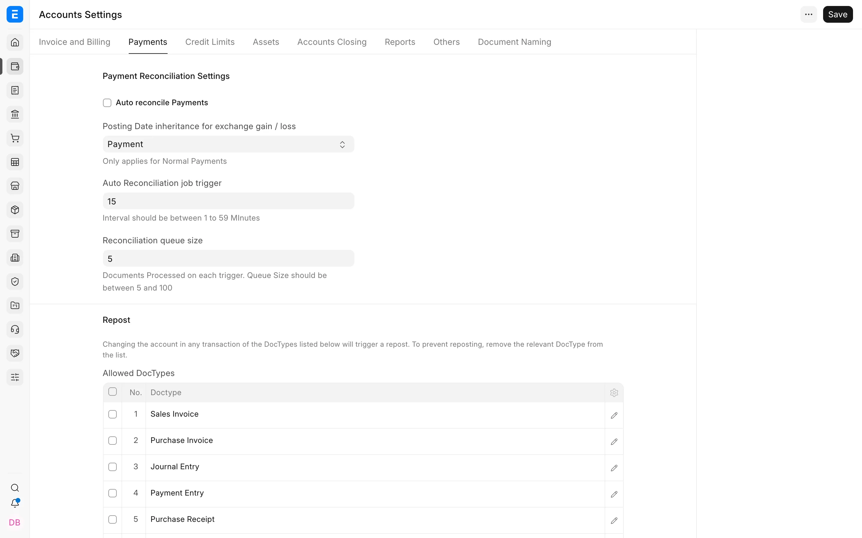 Payment reconciliation and repost settings
