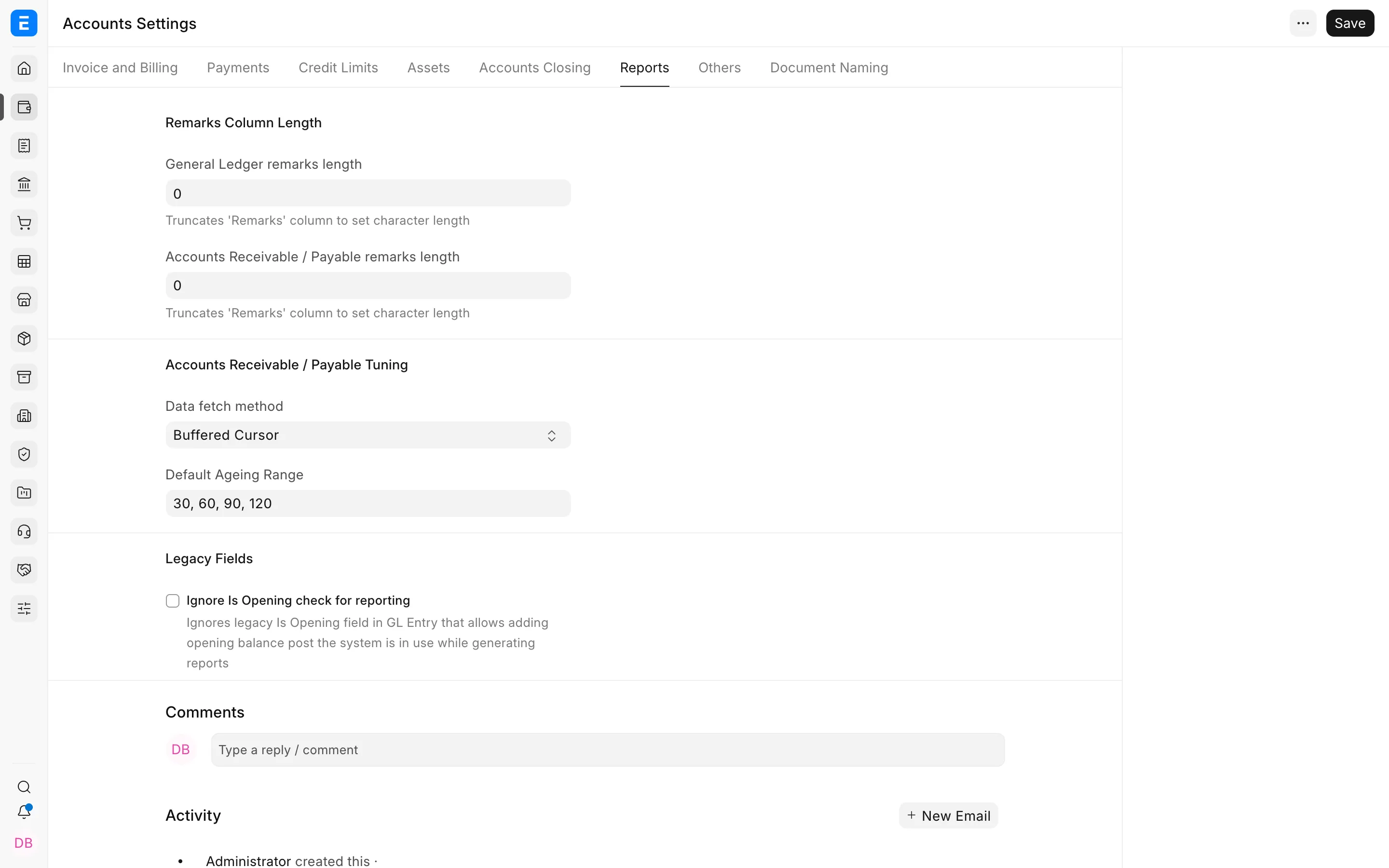 Accounting report settings