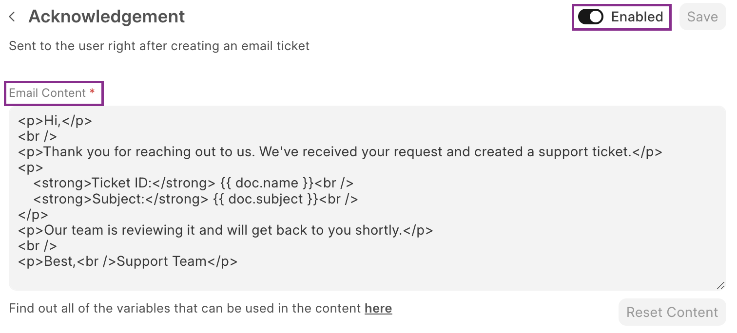 acknowledgement customizations