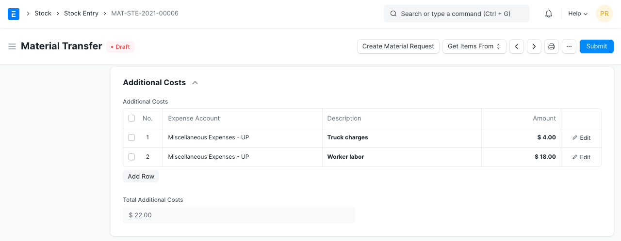 Stock Entry Additional Costs