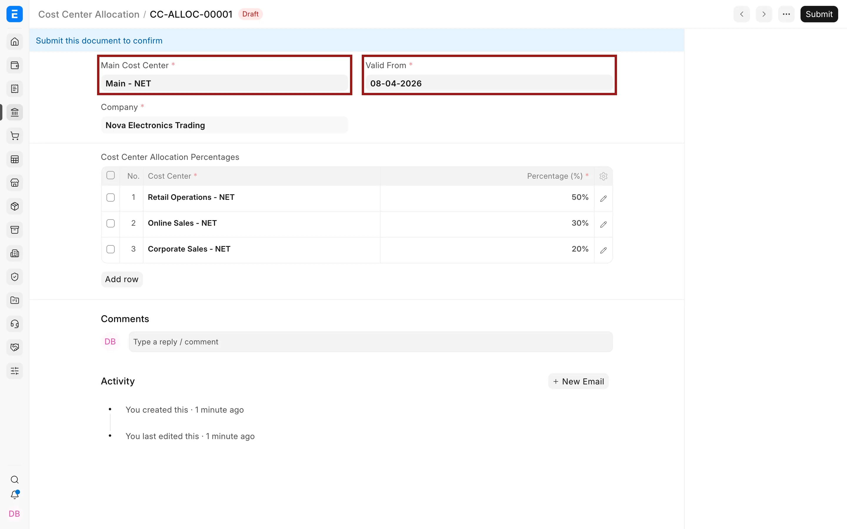 Main Cost Center and Valid From fields for a distributed cost center