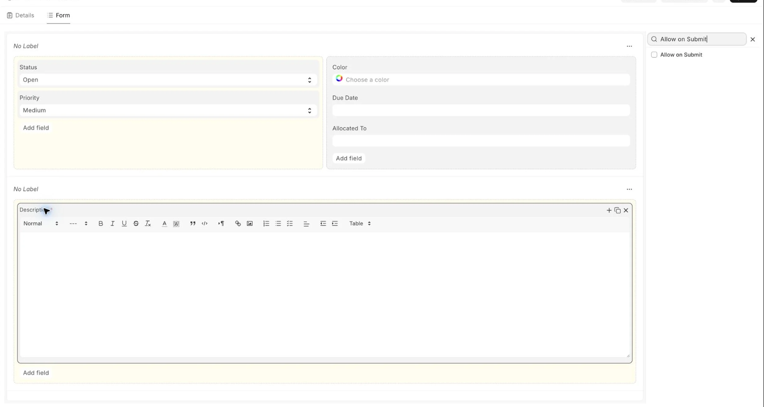 Field properties showing the Allow on Submit checkbox