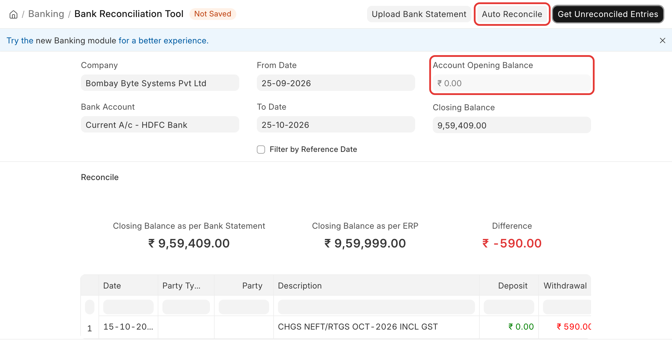 Bank Reconciliation Tool after Auto Reconcile: two receipts matched, a bank charge of ₹590 left to record