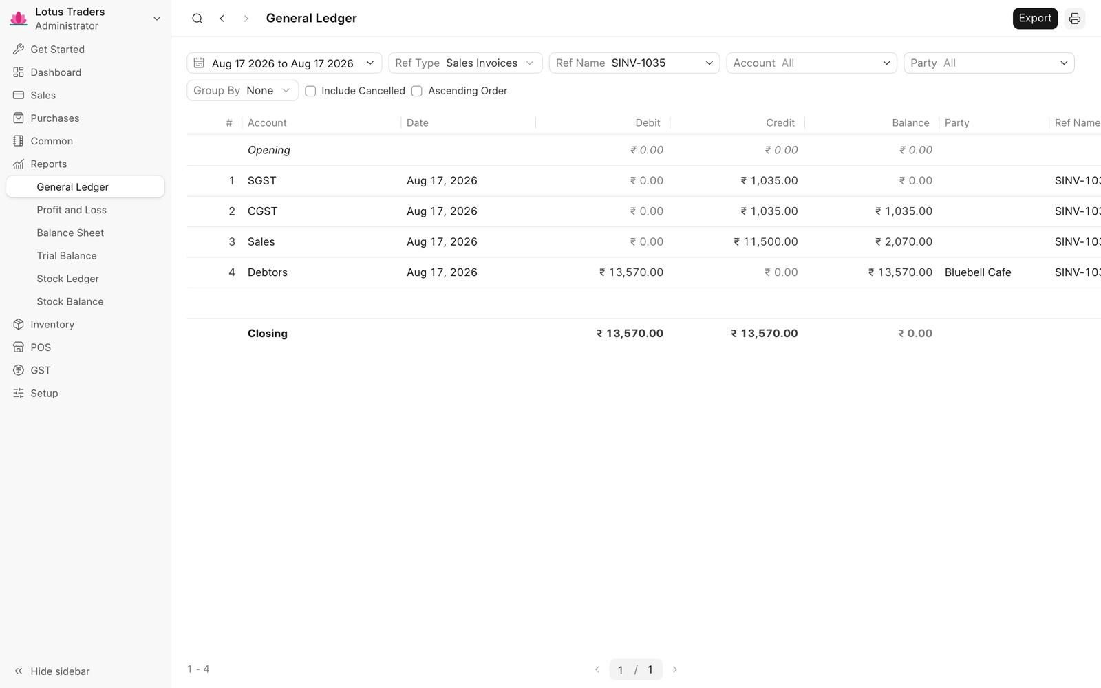 General Ledger for one sales invoice: a debit to Debtors and credits to Sales, CGST, and SGST that have the same total.