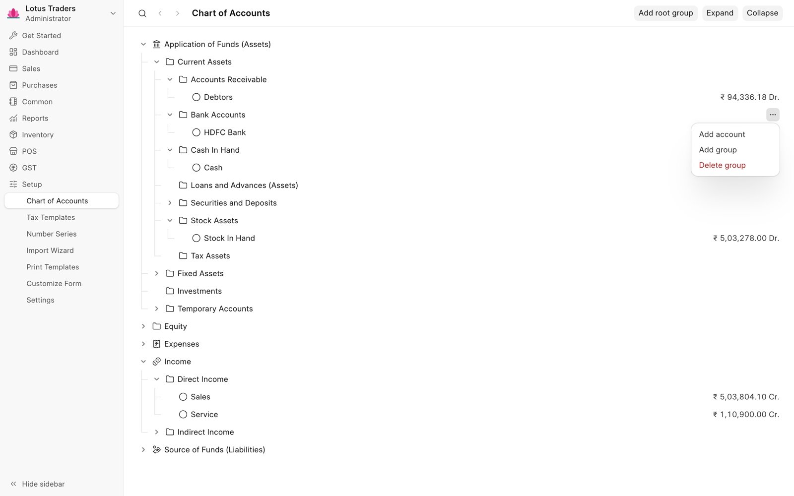 Chart of Accounts with the asset and income groups open and the ledger balances, and the menu of the Bank Accounts group with Add account, Add group, and Delete group.