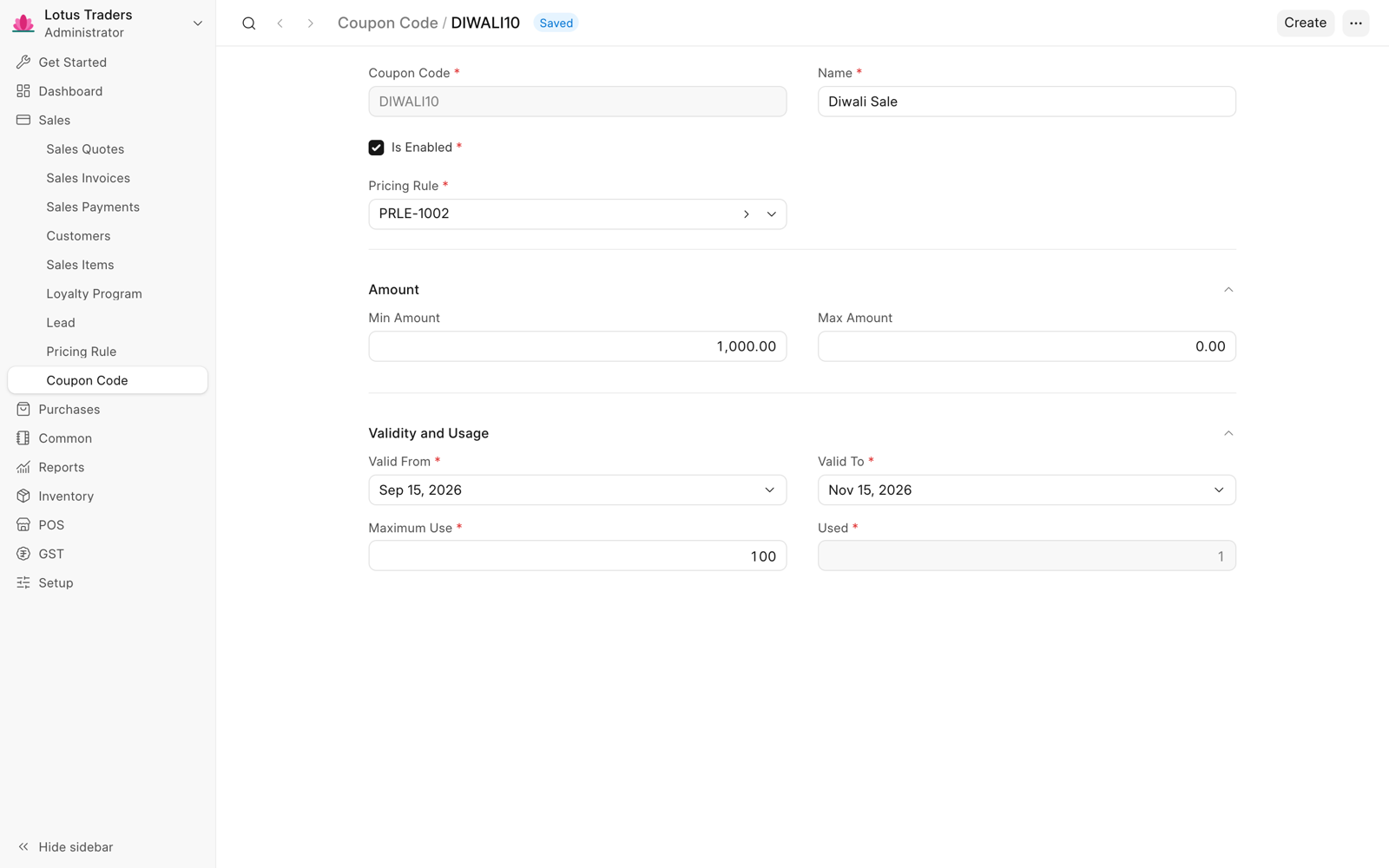 Coupon code DIWALI10 with its pricing rule, minimum amount, validity dates, maximum use, and used count.