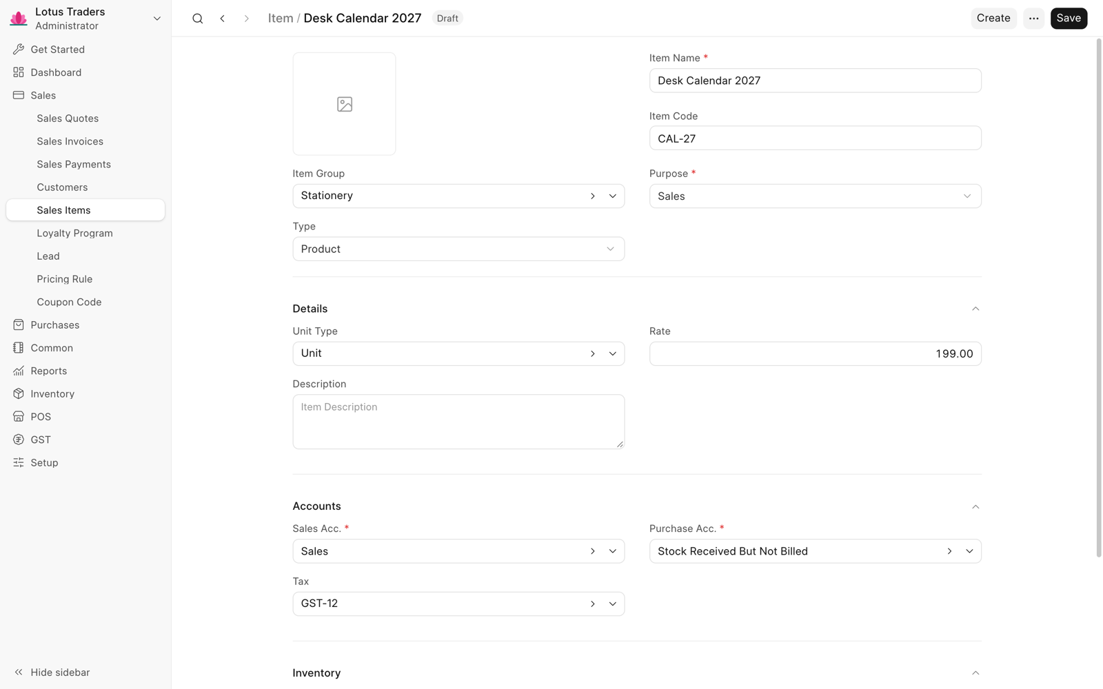New sales item that is not saved, with item name, item code, item group, rate 199, and tax GST-12.