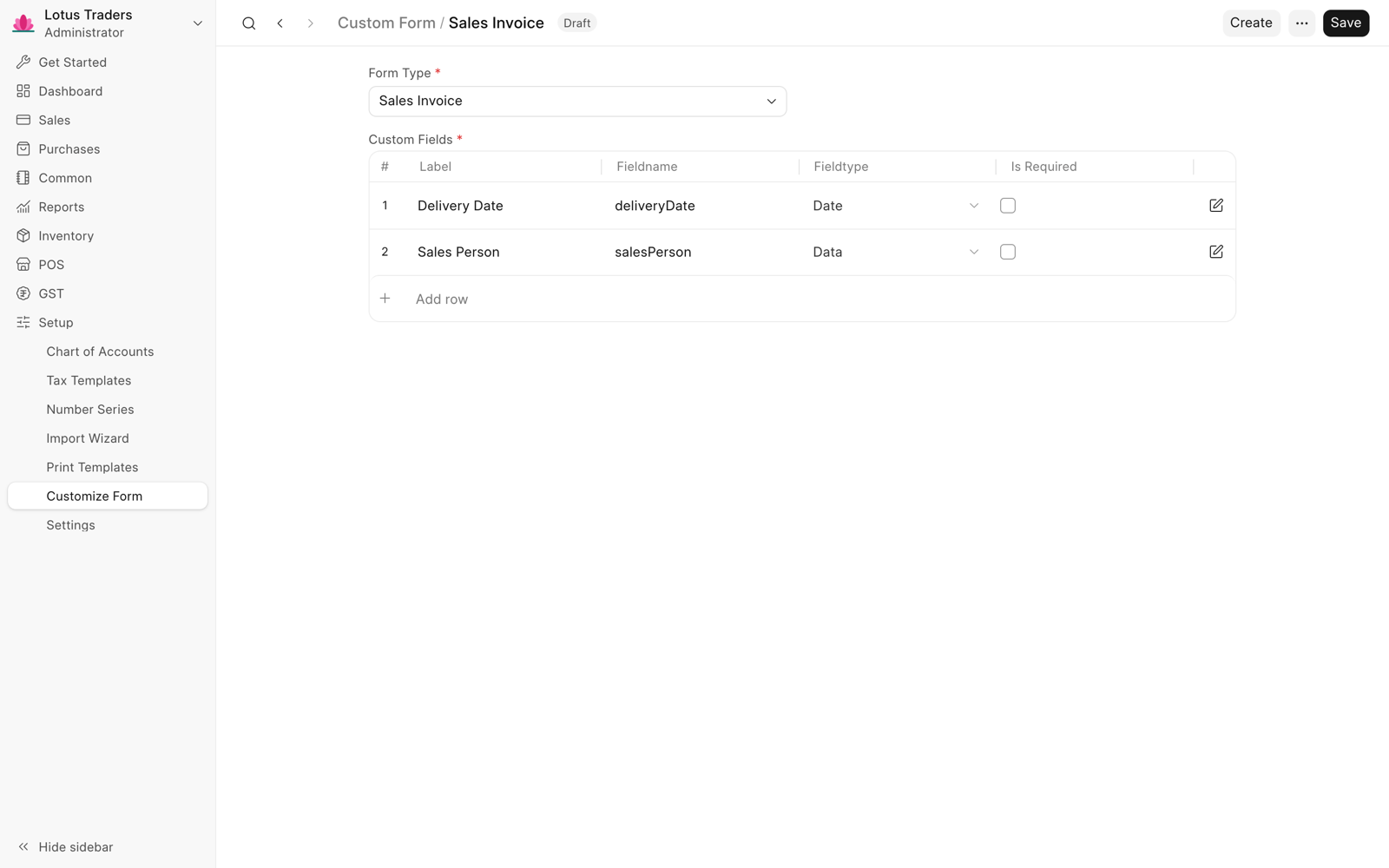 New custom form for Sales Invoice with two custom fields: Delivery Date of type Date and Sales Person of type Data.