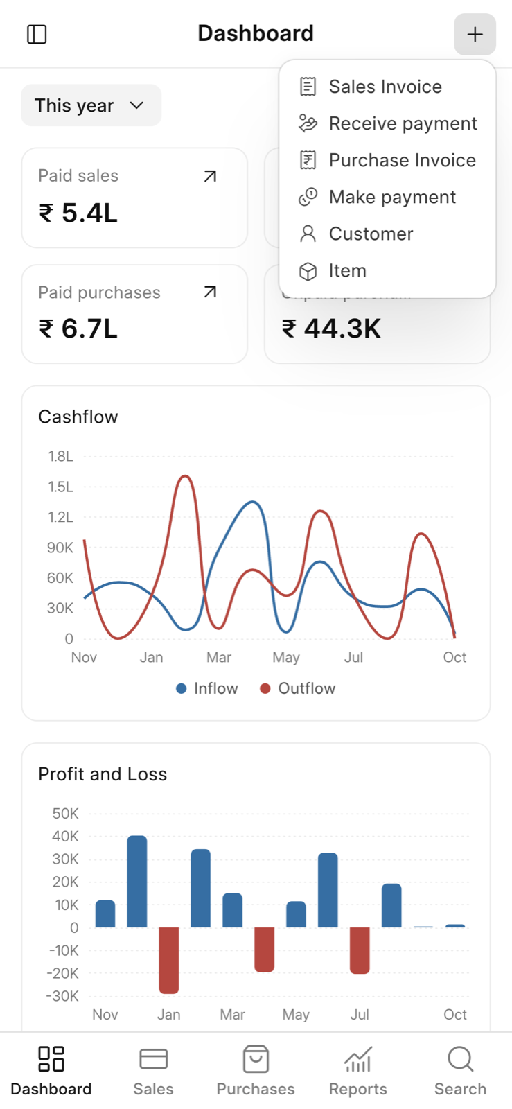 Phone dashboard with the + menu open: Sales Invoice, Receive payment, Purchase Invoice, Make payment, Customer, and Item.
