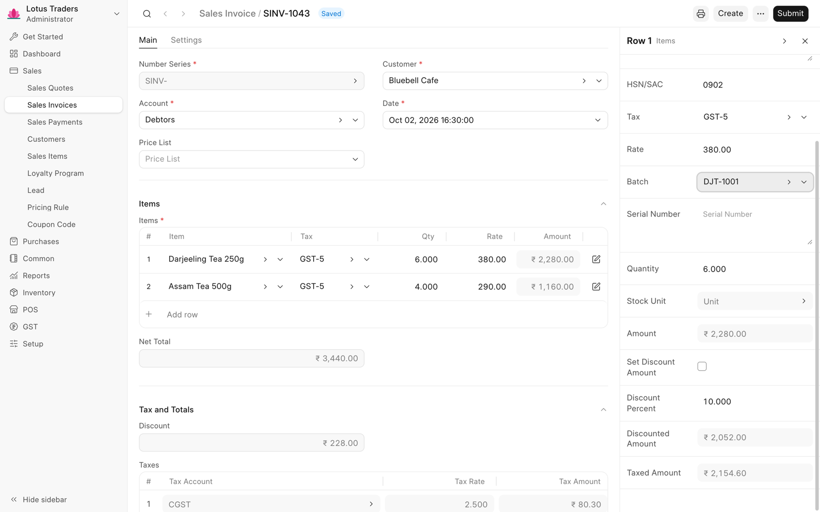 Row panel of a draft sales invoice with Discount Percent 10, and the Discounted Amount and Taxed Amount that Frappe Books calculates.