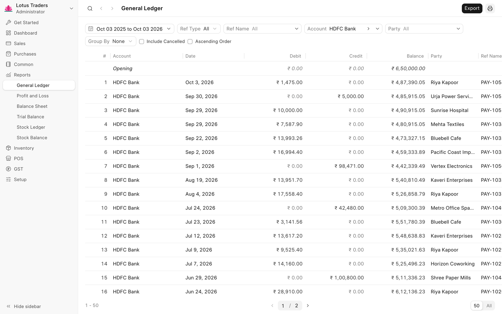 General Ledger with the Account filter set to HDFC Bank, which shows the opening balance and a running balance in each row.