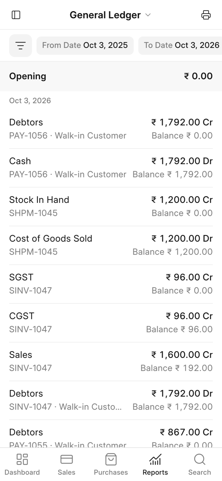 Phone General Ledger with the entries below their date, each with the amount in Dr or Cr and the balance.