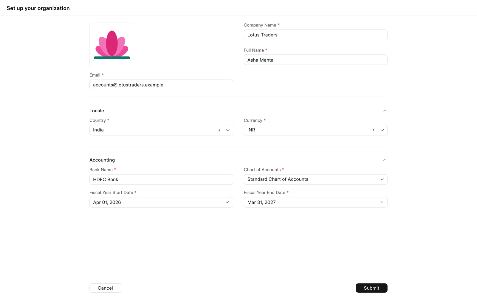 Setup wizard on a new site, filled in for Lotus Traders in India with a logo, INR, Standard Chart of Accounts, and the fiscal year April 2026 to March 2027.