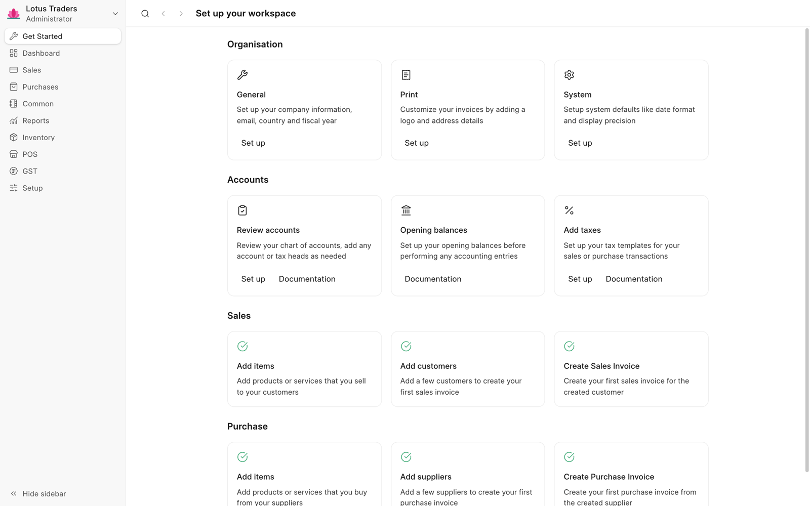 Get Started page with the title Set up your workspace. Each task card shows its Set up and Documentation buttons, and the complete tasks have green checks.