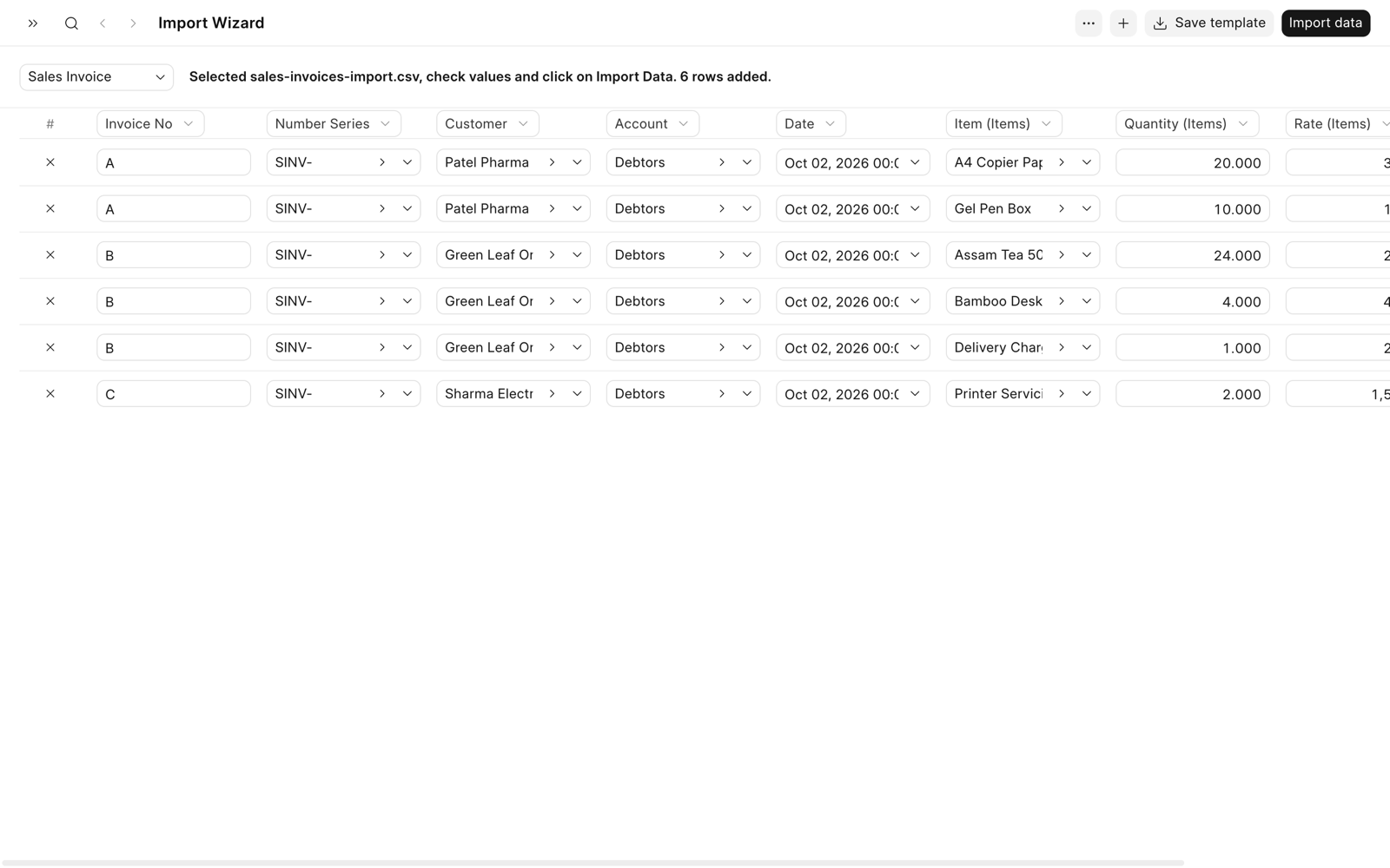 Import Wizard with the Sales Invoice type and a CSV file loaded: six rows that make three invoices, grouped by the Invoice No values A, B, and C.