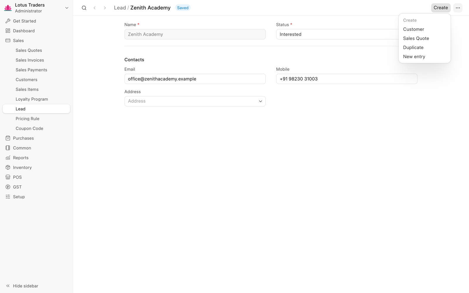 Lead Zenith Academy with the status Interested and the Create menu open, which shows Customer and Sales Quote.