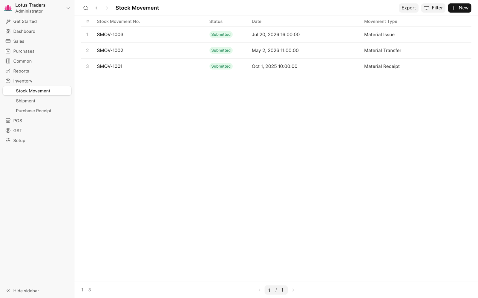 Inventory group in the sidebar with Stock Movement, Shipment, and Purchase Receipt, and the list of stock movements.