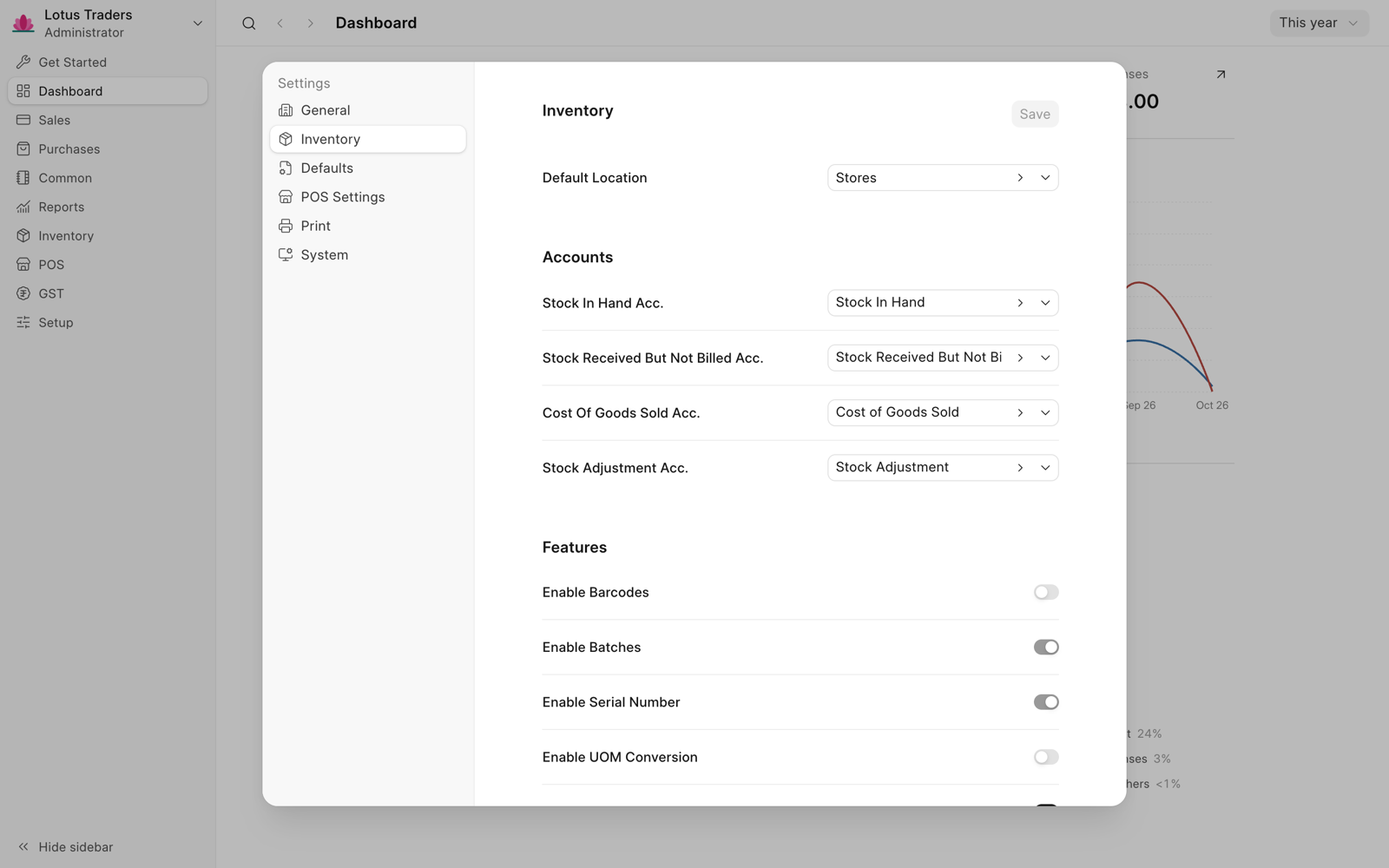 Inventory tab of the settings with the default location Stores, the four stock accounts, and the feature switches. Enable Batches and Enable Serial Number are on and locked.