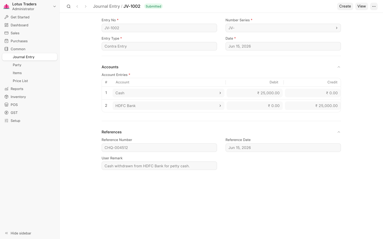 Submitted contra entry that debits Cash and credits HDFC Bank with 25,000, with a reference number and a remark.