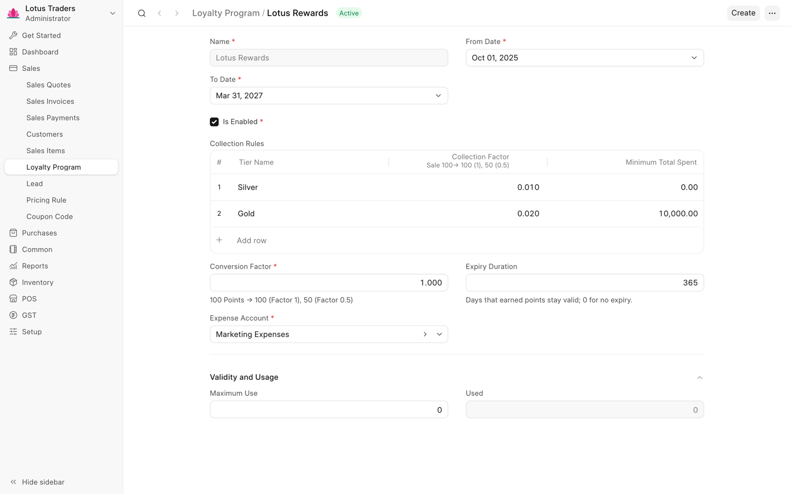 Loyalty program Lotus Rewards with Silver and Gold tiers, conversion factor 1, expiry duration 365 days, and an expense account.