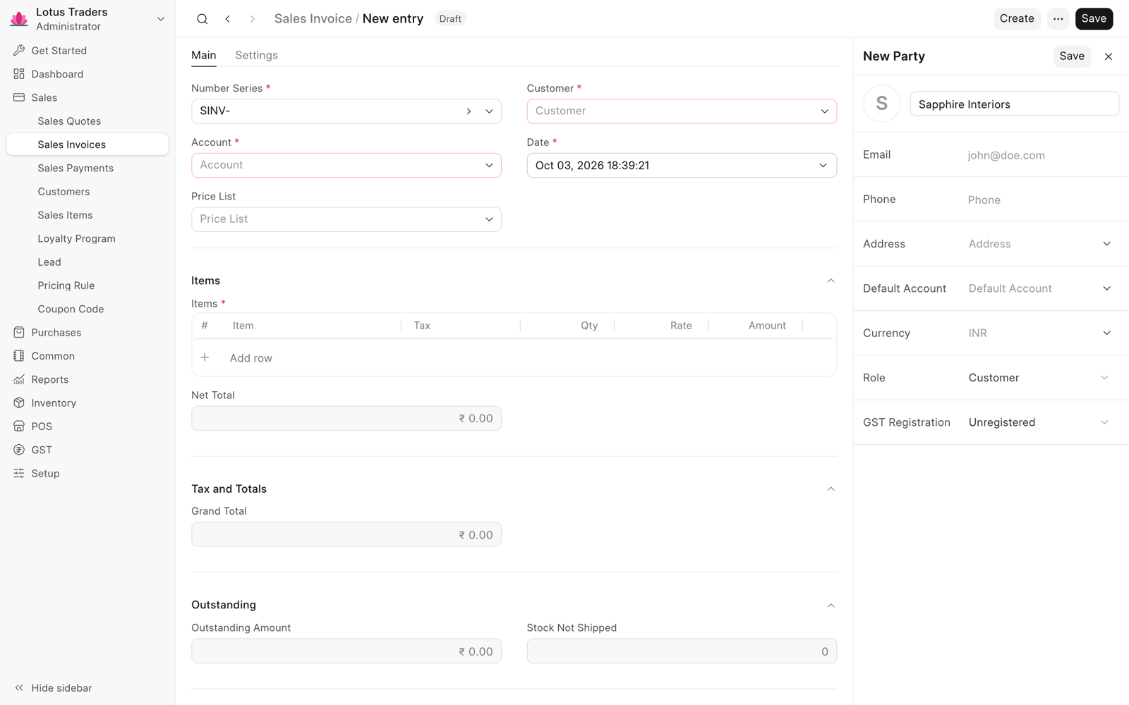 New sales invoice with the quick edit panel open for a new customer, Sapphire Interiors, that was made from the Customer field.