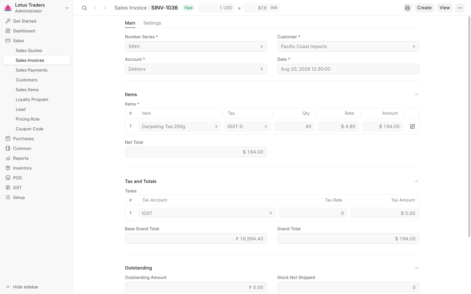 Sales invoice in US dollars with the rate 1 USD = 87.6 INR in the page header, and the Base Grand Total in rupees.