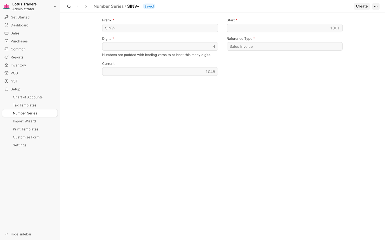 Number series SINV- with Start 1001, Digits 4, Reference Type Sales Invoice, and Current 1047.