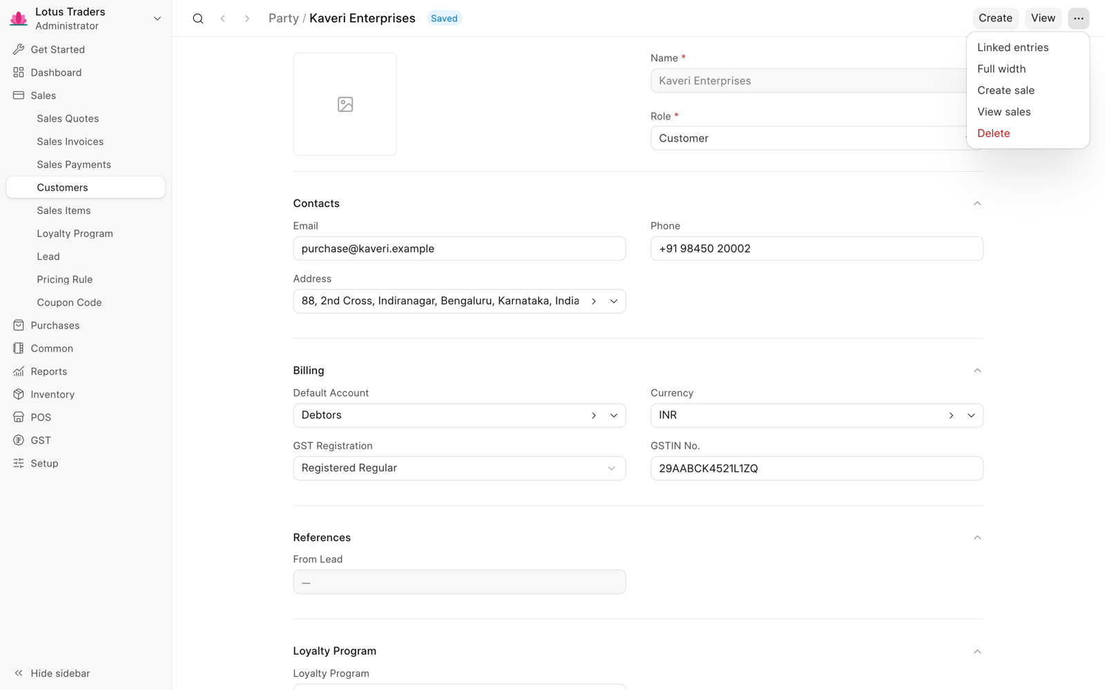 Customer Kaveri Enterprises with address, GST registration, and GSTIN, and the … menu open with Linked entries, Full width, Create sale, View sales, and Delete.