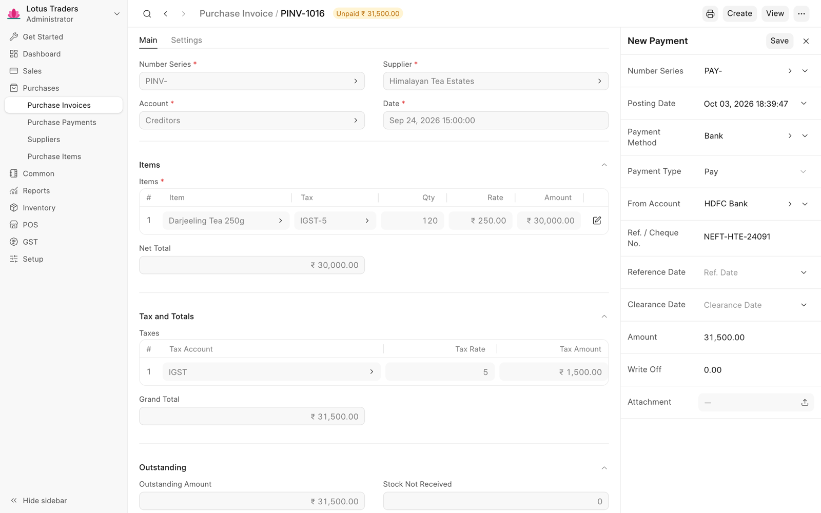 Purchase invoice with a new payment in the side panel: payment method Bank, From Account HDFC Bank, a reference number, and the amount.