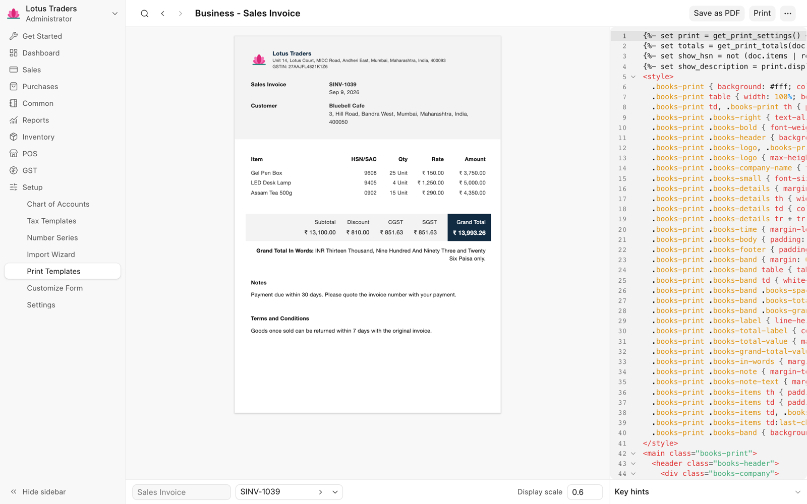 Template Builder with the Business - Sales Invoice template: the preview of invoice SINV-1039 (with Assam Tea, HSN/SAC 0902) on the left and the template code on the right.