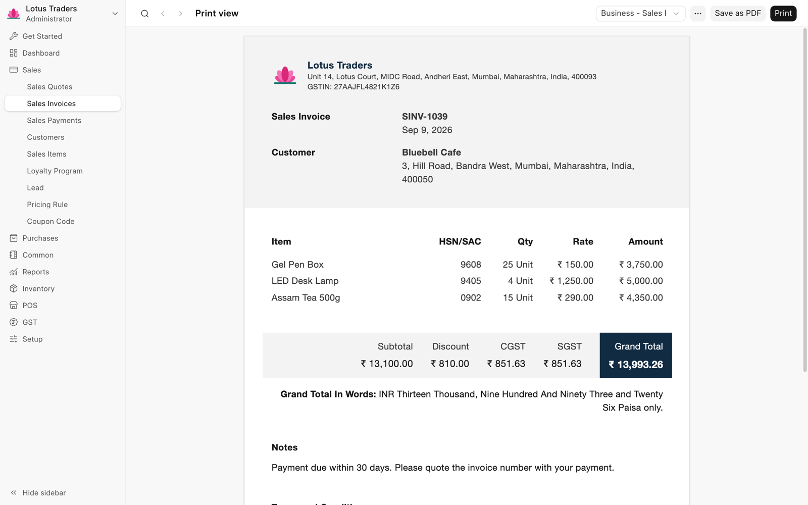 Print view of a sales invoice with the company logo, address, and GSTIN, three items with their HSN/SAC codes (Assam Tea has 0902), the discount, CGST and SGST, and the grand total in words.
